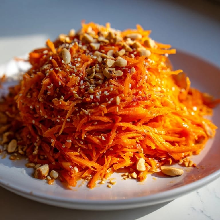 A close-up of a flavorful Spicy Carrot Salad, tossed with a spicy, glistening dressing.