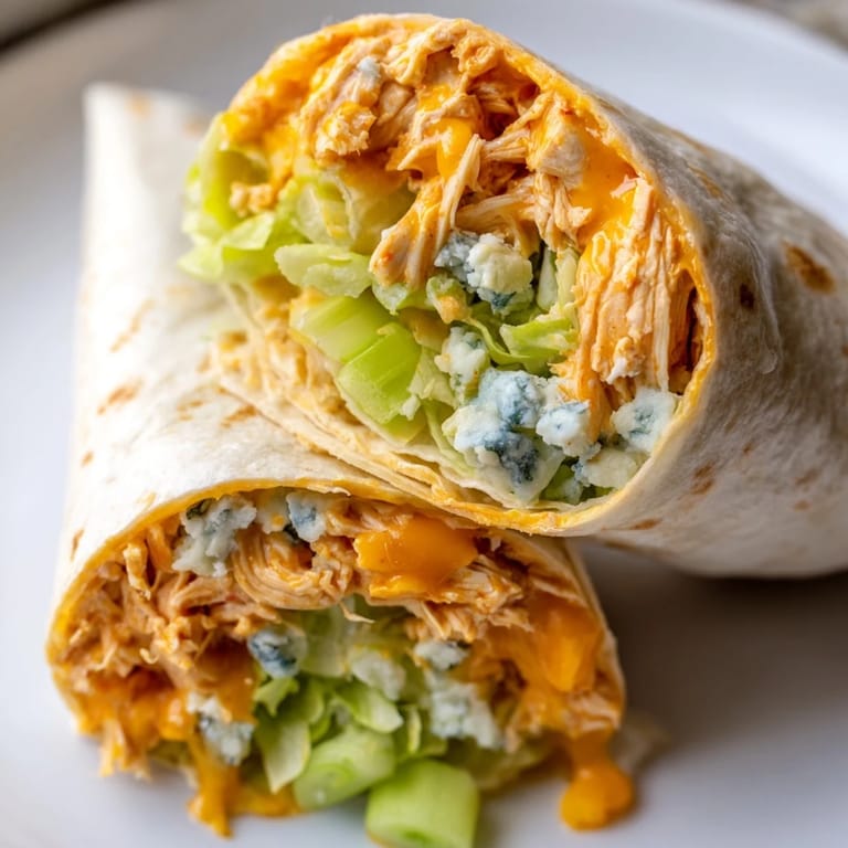 A close-up of a grilled Buffalo Chicken Dip Wrap, showcasing the juicy chicken and creamy filling, sliced in half.