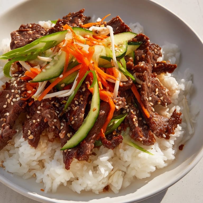 Steaming bulgogi beef bowl featuring tender beef over rice, topped with fresh vegetables; a Korean classic.