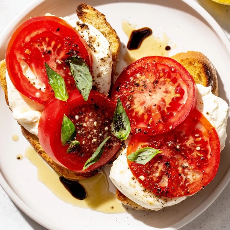 Savory Tomato Burrata Toast: A close-up view of fresh tomatoes and creamy burrata on crispy bread.