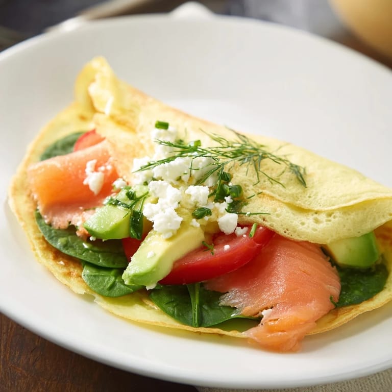 Enjoy a gluten-free Blender-Egg Crepe Wrap, lightly browned and filled with feta and fresh herbs for brunch.