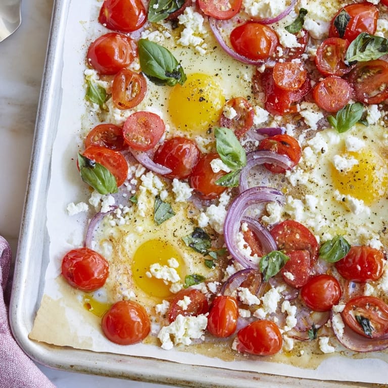 Freshly baked Tomato Feta Eggs on a sheet pan, showcasing Mediterranean flavors with juicy tomatoes.