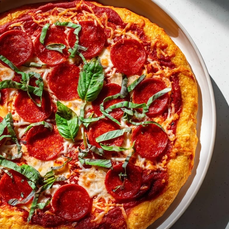 A flavorful ground beef pizza base with melted mozzarella and perfectly crisp pepperoni slices right out of the oven.