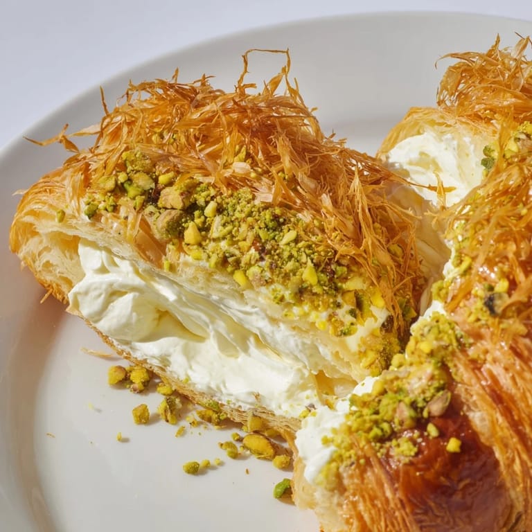 A close-up shot of rich and delicious Pistachio Cream Croissants, ready to enjoy for dessert.