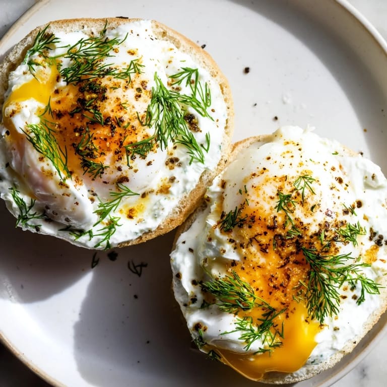 These Turkish-American Çılbır Eggs Benedict feature fluffy English muffins with luscious poached eggs and herbs.