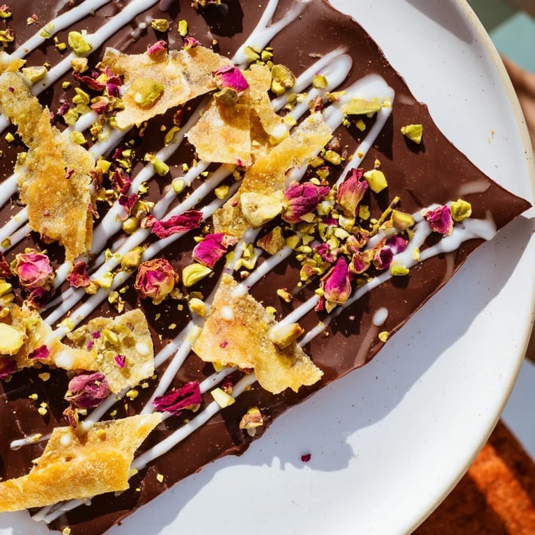 Golden shards of Pistachio Dubai Chocolate Bark piled with pistachios and drizzled white chocolate, enticing visual.