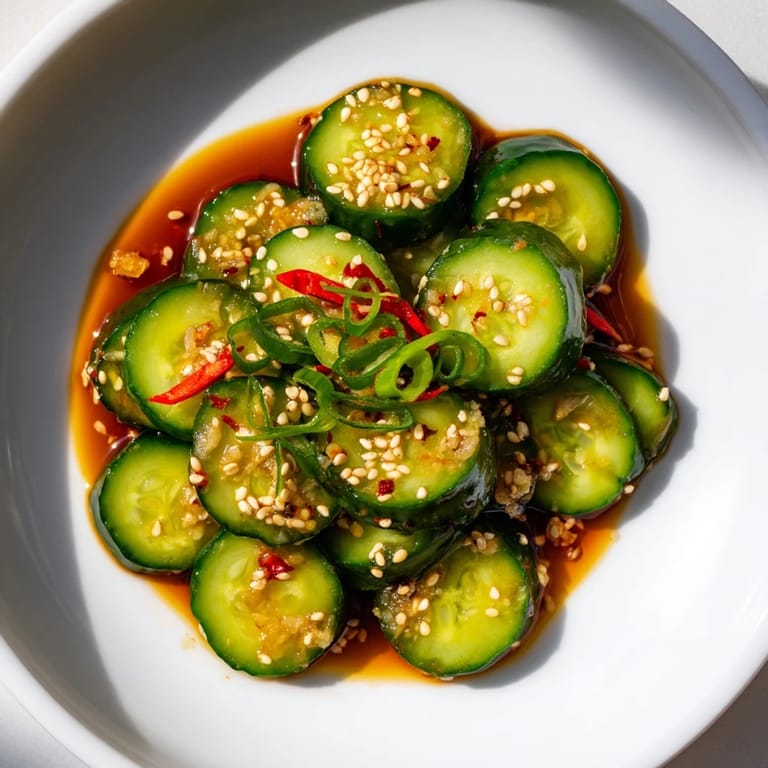 Bright bowl of Shake Shake Garlic Cucumbers; a quick and easy Asian-inspired snack, ready to enjoy immediately.