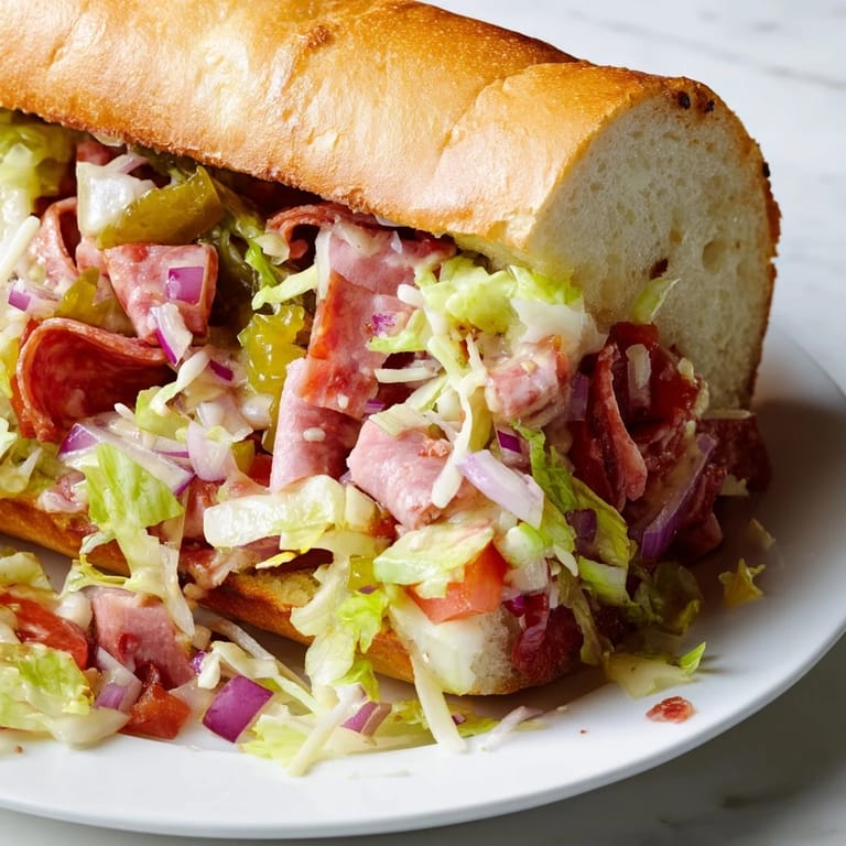 Mouthwatering image of a fully-loaded, delicious Chopped Italian Grinder sandwich, perfect for lunch.