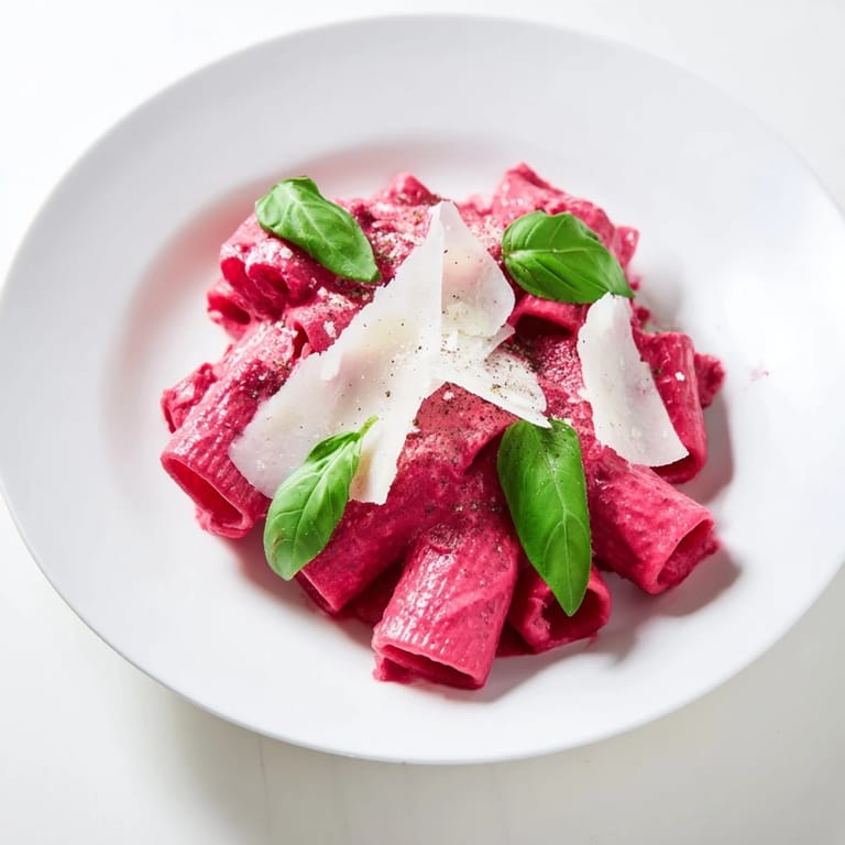 Glimpse the stunning pink pasta with beet cream dish, a flavorful Italian-inspired vegetarian meal, ready to serve.