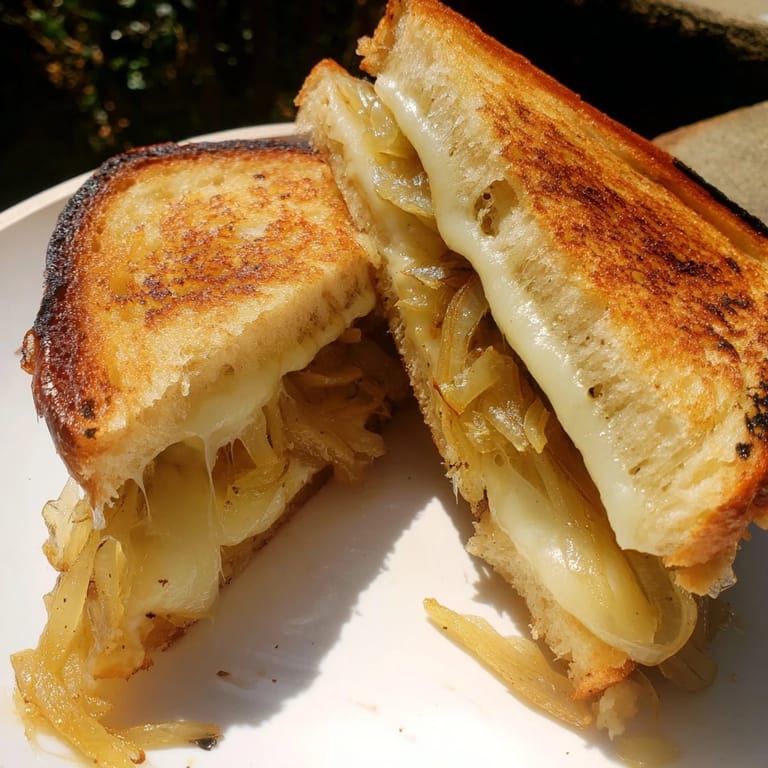 Crusty Caramelized Onion Grilled Cheese, sliced to reveal sweet caramelized onions and melted cheddar.