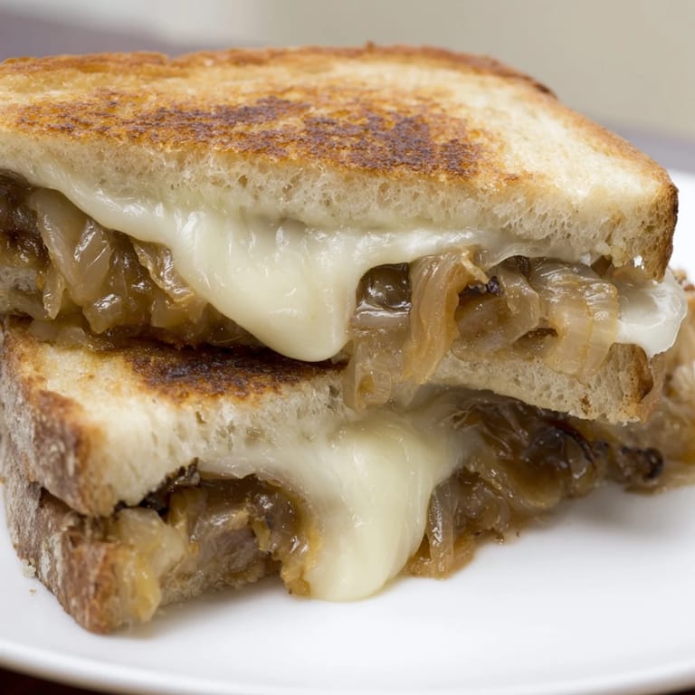 Golden Caramelized Onion Grilled Cheese on sourdough, showing oozing sharp cheddar and jammy onions.