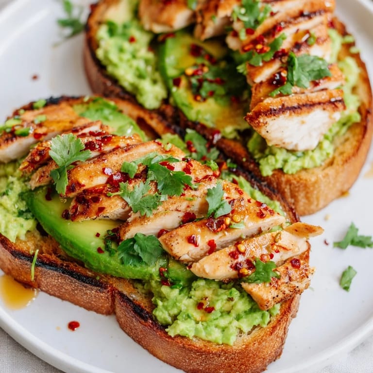 Savory-sweet Smashed Avocado Chicken Toast presents grilled chicken over mashed avocado on crusty toast, garnished with chili and honey.