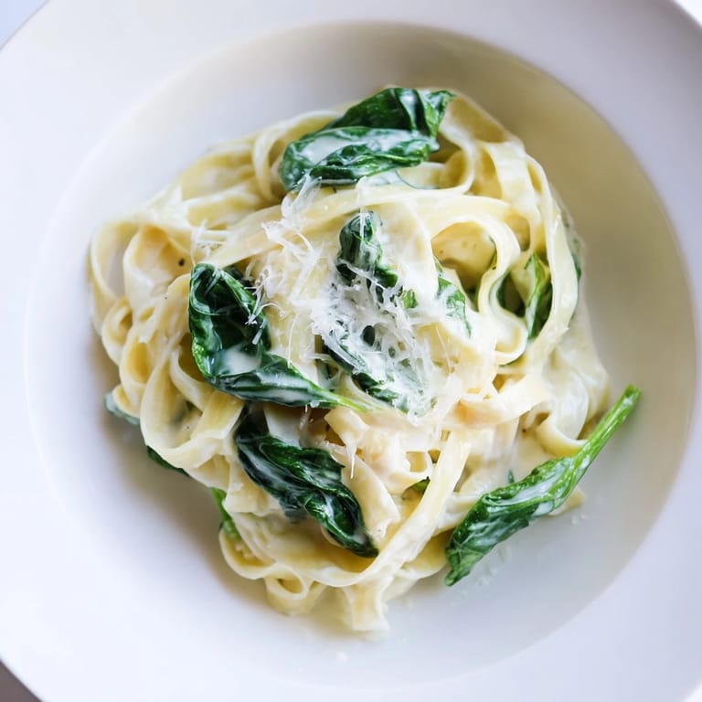 Fresh fettuccine noodles tossed in a rich garlic cream sauce with vibrant spinach, garnished with parsley and extra Parmesan.  