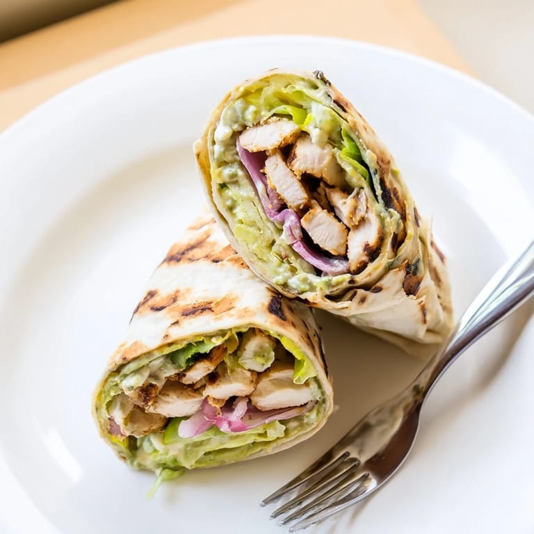 A vibrant Smoky Chipotle Chicken Wrap plated with crisp romaine, red onion, and a drizzle of tangy Greek yogurt sauce.  