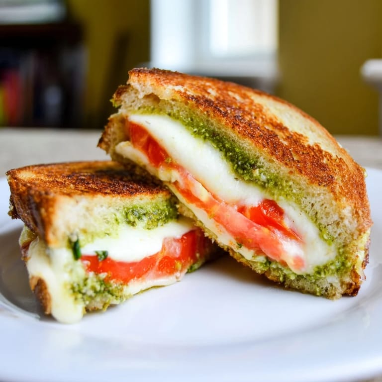 A rustic Caprese Pesto Grilled Cheese, sliced diagonally to reveal the gooey cheese and fragrant pesto, served beside a glass of white wine.
