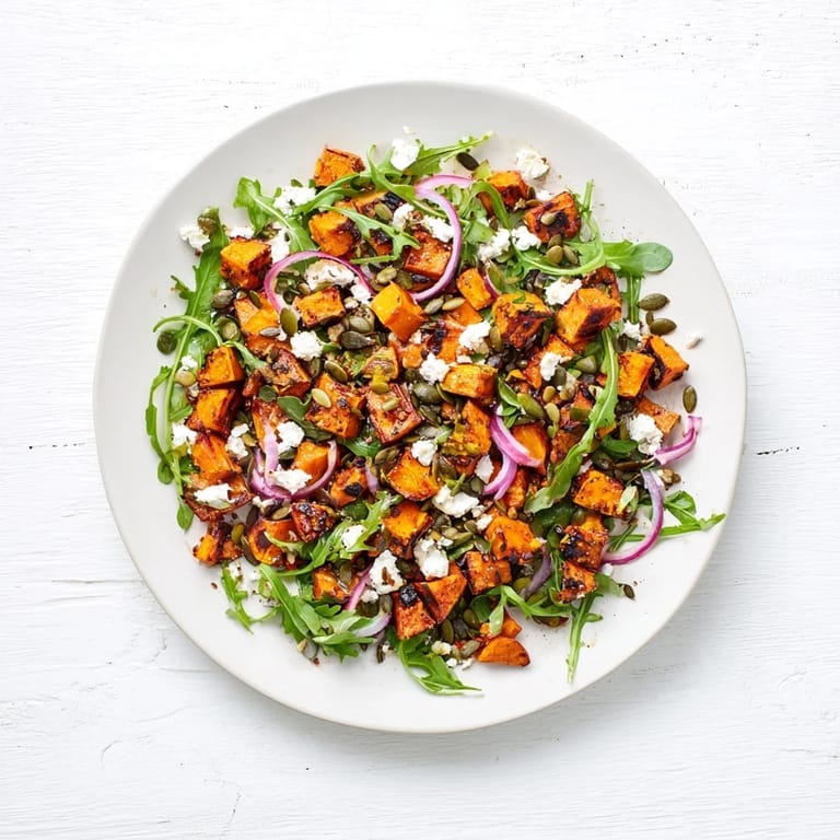 Tangy honey-lime dressing drizzled over a warm roasted sweet potato salad, topped with feta and optional toasted pumpkin seeds.