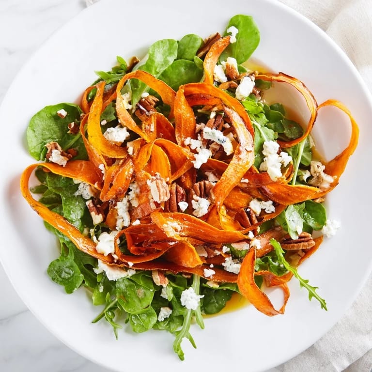 A vibrant Roasted Carrot Ribbon Salad drizzled with sweet-tangy vinaigrette, topped with walnuts and red onion slices.