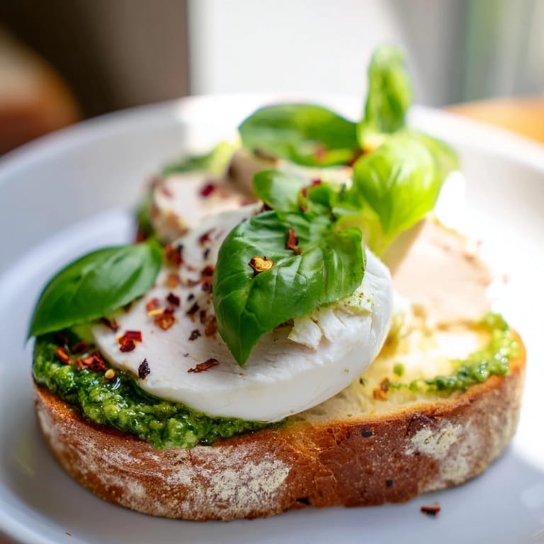 Pesto Chicken Burrata Toast served on a rustic plate with a drizzle of balsamic glaze.