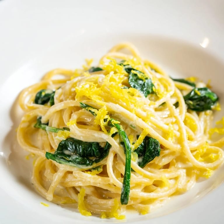 A close-up of Creamy Lemon Spinach Spaghetti twirled on a fork, showcasing the silky lemon cream sauce.  