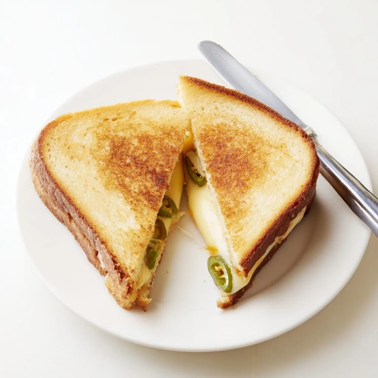 Jalapeño Havarti Grilled Cheese on a plate, served with a bowl of creamy tomato soup for dipping.