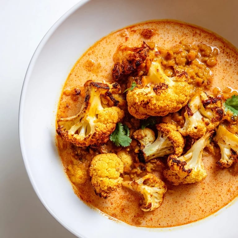 Golden cumin-roasted cauliflower florets resting on a bed of creamy, aromatic red lentil dhal for a vegan dinner.