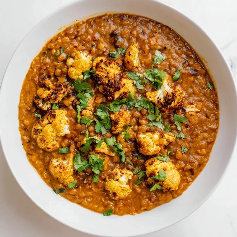 A vibrant plate of dhal with cumin-roasted cauliflower, highlighting a hearty vegetarian meal with warm spices.