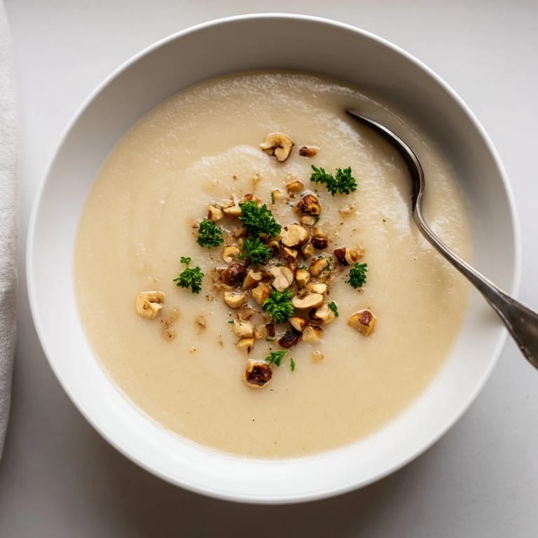 Velvety celeriac soup with hazelnut crumble, garnished with parsley, ideal for gluten-free meals and elegant appetizers.