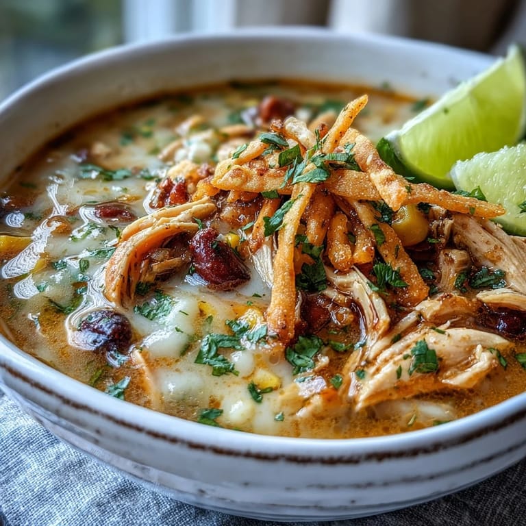 Steaming bowl of Easy Chicken Tortilla Soup, garnished with creamy cheddar, lime wedges, and sliced jalapeños for a spicy kick.