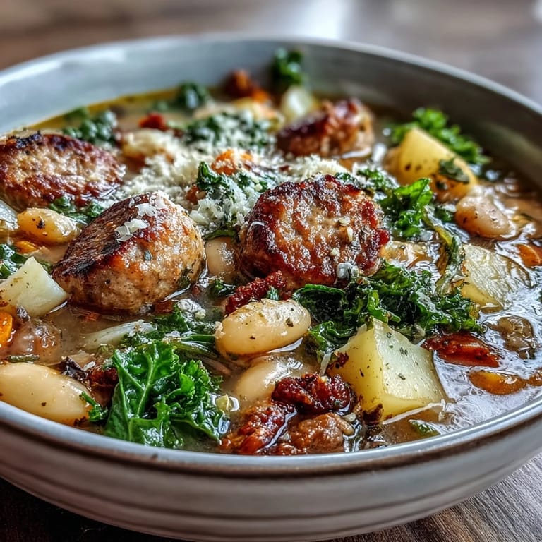 Hearty Tuscan White Bean Sausage Soup with chunks of potato and carrots, ready to be enjoyed on a cozy evening.