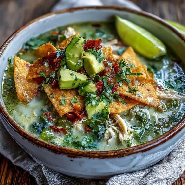 Shredded chicken in a vibrant salsa verde soup with cream cheese and lime wedges.