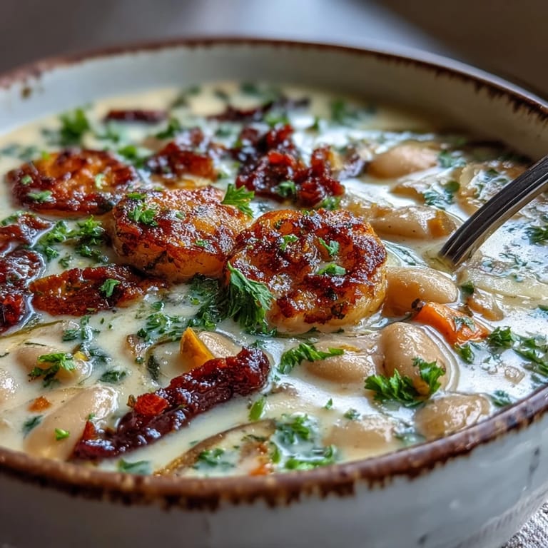 Rich Creamy Tuscan White Bean Soup ladled into white bowls, garnished with olive oil drizzle and extra pancetta on top.