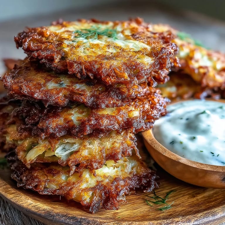 A close-up of tender Cabbage Fritters With Dipping Sauce reveals green shreds inside, served alongside a creamy, tangy yogurt dip for snacking.