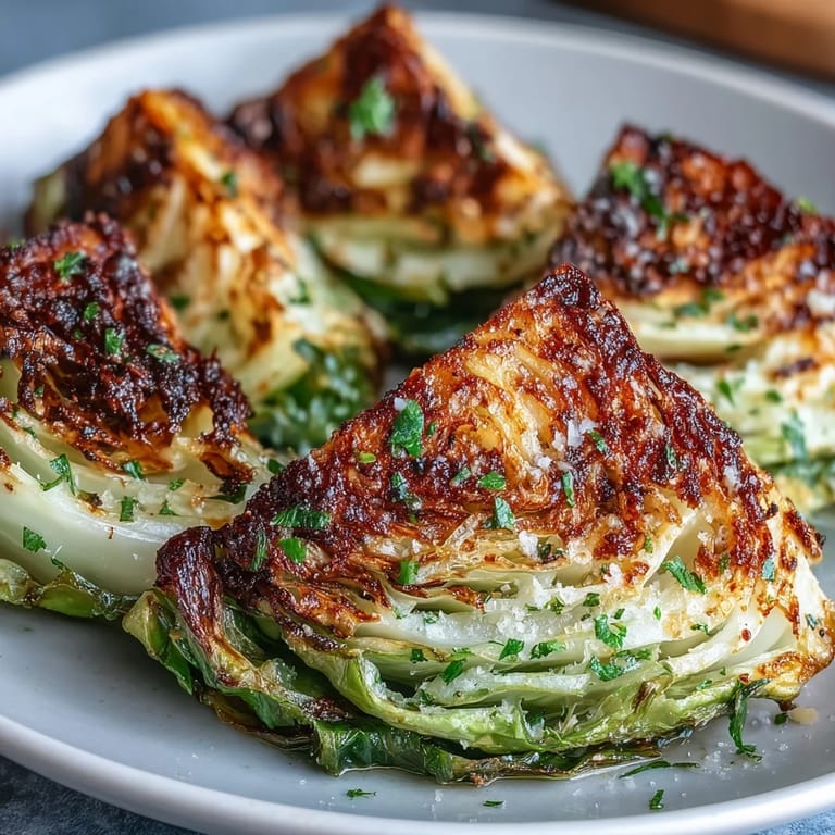 Fresh from the oven, Roasted Garlic Parmesan Cabbage Wedges steam gently, showcasing melted cheese and a rustic, charred finish.