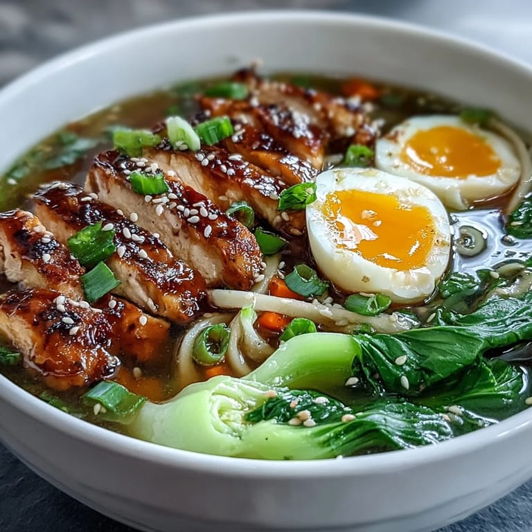 Healthy Miso Chicken Noodle Bowls topped with chili oil and scallions, served hot with sesame seeds and nori strips.