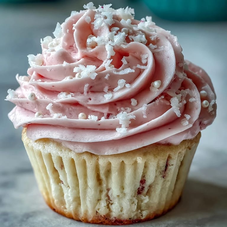 A close-up view of Pink Velvet Cupcakes with swirls of vanilla buttercream and delicate pink crumbs on a marble countertop.