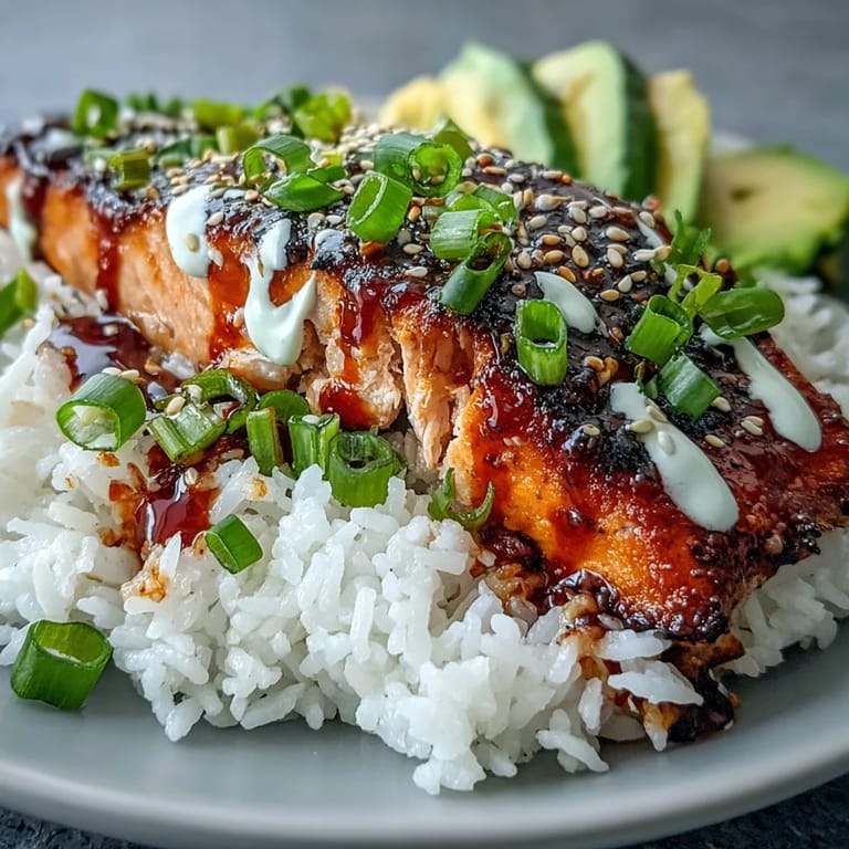 Vibrant edamame and sliced green onions top the warm Honey Sriracha Salmon bowl, finished with a drizzle of spicy mayo.
