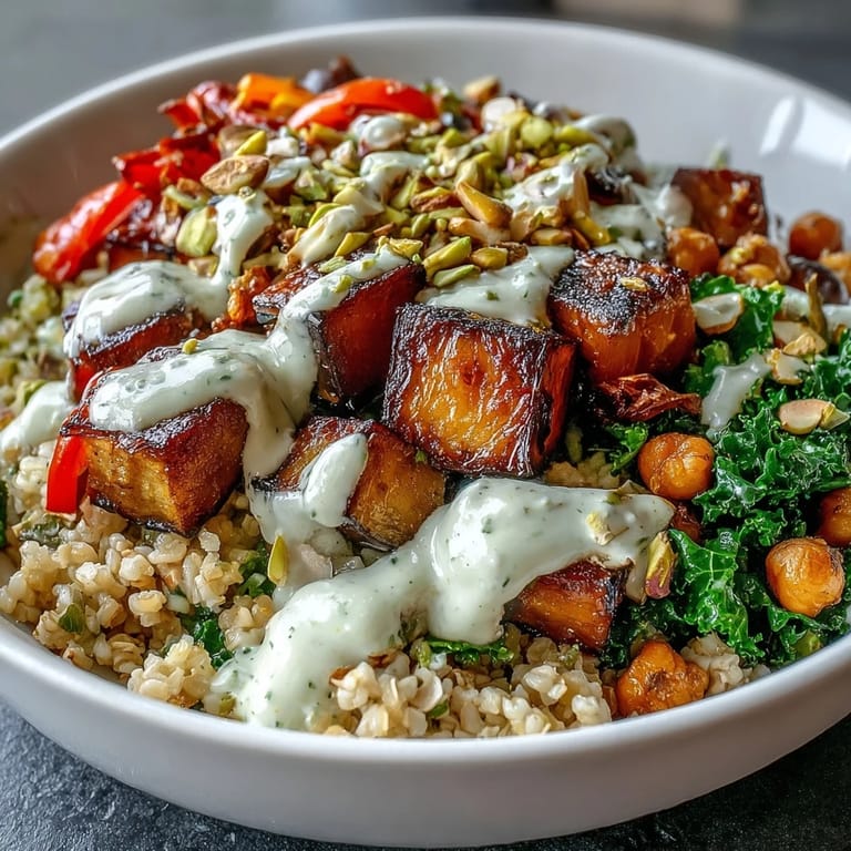 Mediterranean Buddha Bowl Meal Prep showcases vibrant roasted zucchini and bell peppers alongside fluffy bulgur pilaf, tender kale, chickpeas, and a rich lemon-garlic tahini drizzle.