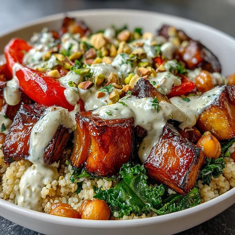 A hearty Mediterranean Buddha Bowl Meal Prep with glistening roasted vegetables, steamed kale, and warm chickpeas on nutty bulgur pilaf, finished with creamy tahini dressing.