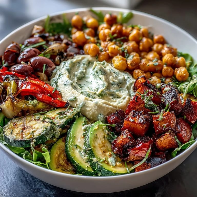 Hearty Vegan Mediterranean Buddha Bowl with warm roasted eggplant, fresh avocado slices, and tangy tahini dressing, served ready to enjoy for lunch.