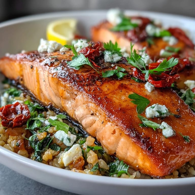 Colorful Mediterranean Salmon Bowl topped with baby bell peppers, cilantro, and lemon wedges on a plate.