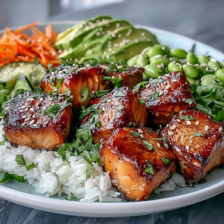 Close-up of a fork lifting tender salmon and jasmine rice from a colorful Baked Salmon Rice Bowl drizzled with creamy sriracha sauce.