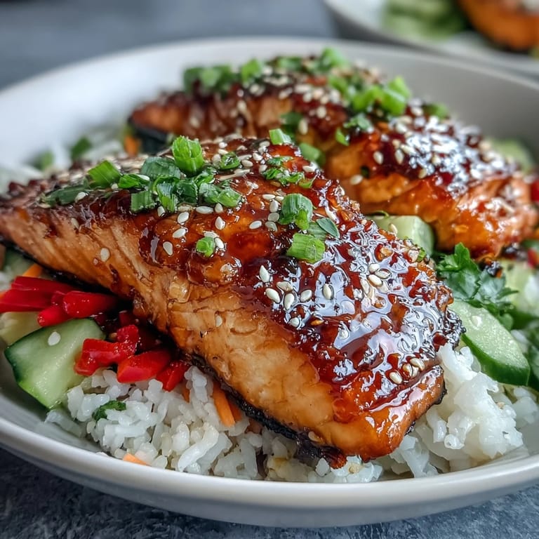 Glazed salmon and vibrant vegetables in a warm Asian-Inspired Salmon Bowl, garnished with scallions and lime.