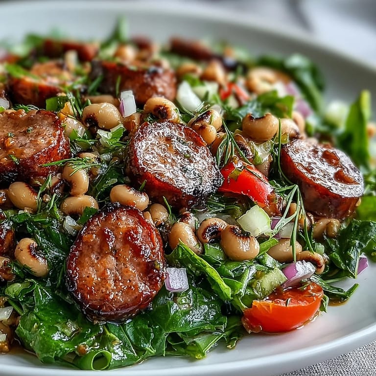 Colorful Hoppin John Style Black-Eyed Pea Salad topped with sliced turkey sausage and fresh tarragon on a bed of mixed greens.