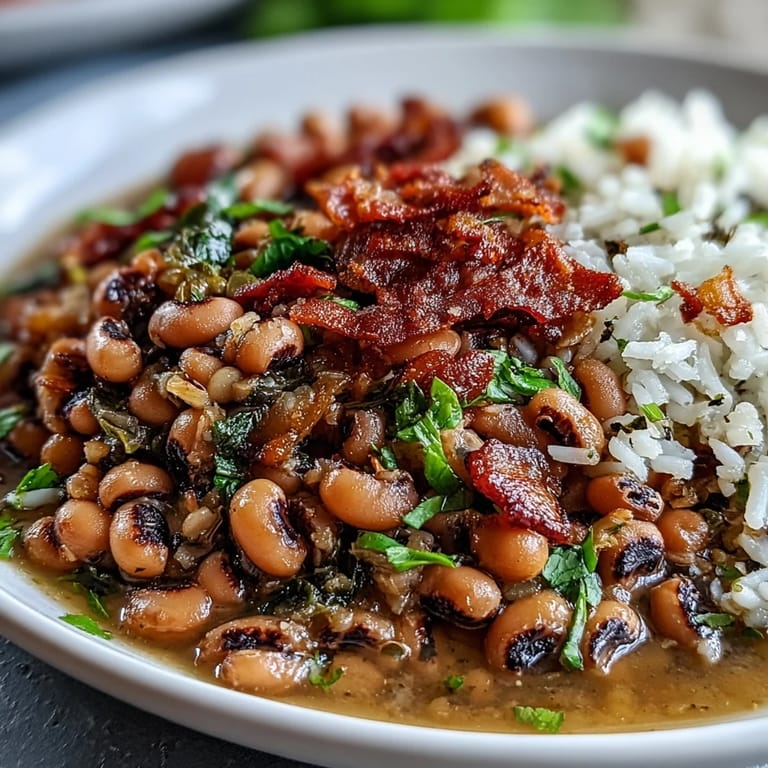 Festive Hoppin' John recipe served over rice, garnished with crispy bacon pieces and sliced green onions for a lucky New Year's meal.