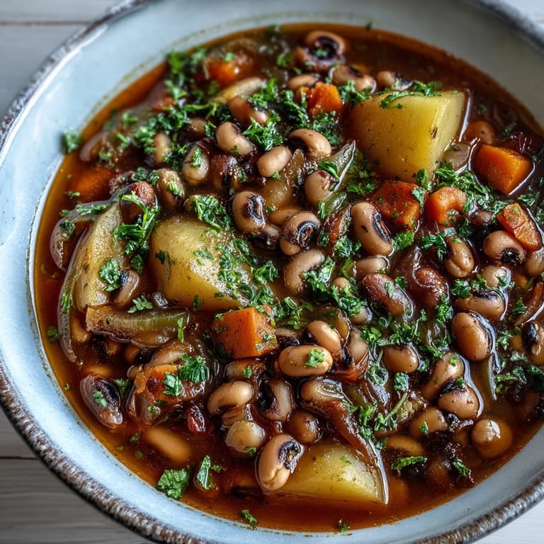 Close-up of Black-Eyed Pea Stew with Chefs Touch in a rustic bowl, highlighting the plump beans and vibrant diced vegetables.