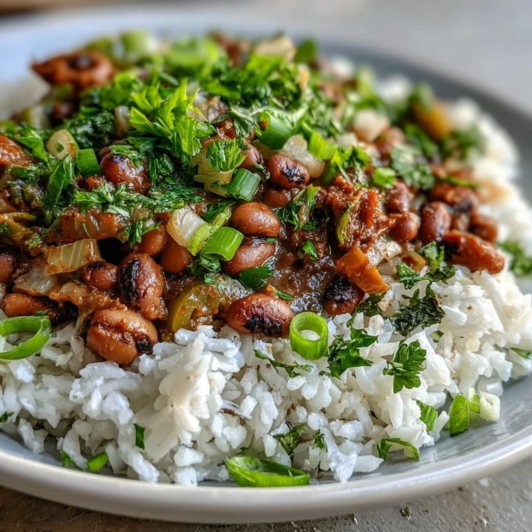 Plated Vegetarian Hoppin John garnished with fresh parsley and green onions.