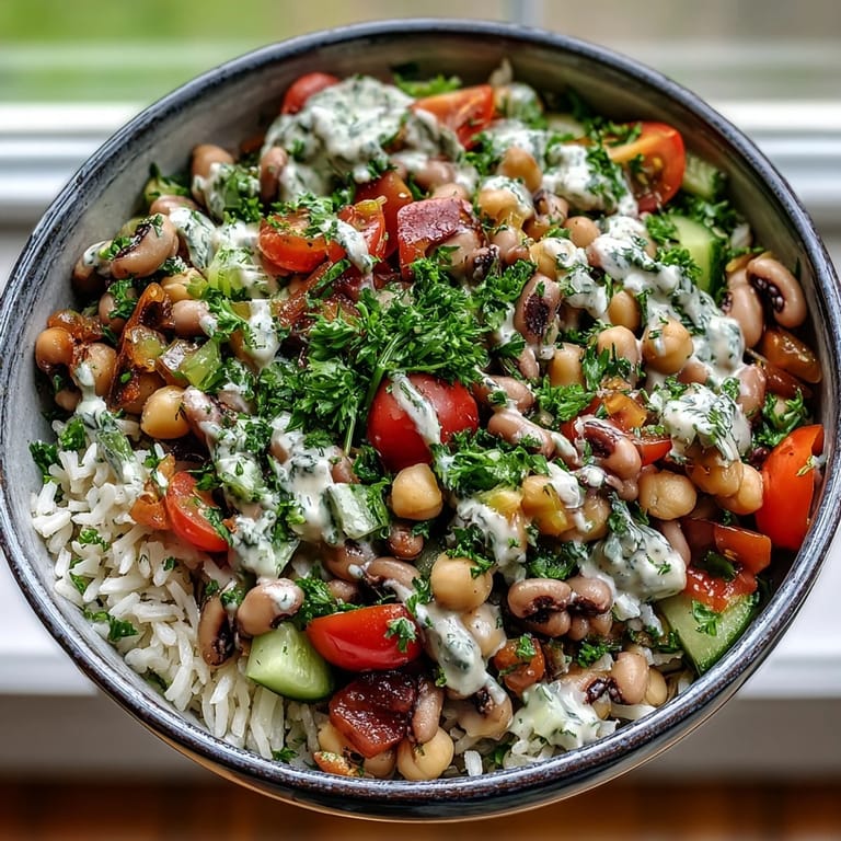 Served in a white bowl, the creamy tahini dressing coats the legumes and rice in this healthy New Years Hoppin John Salad.