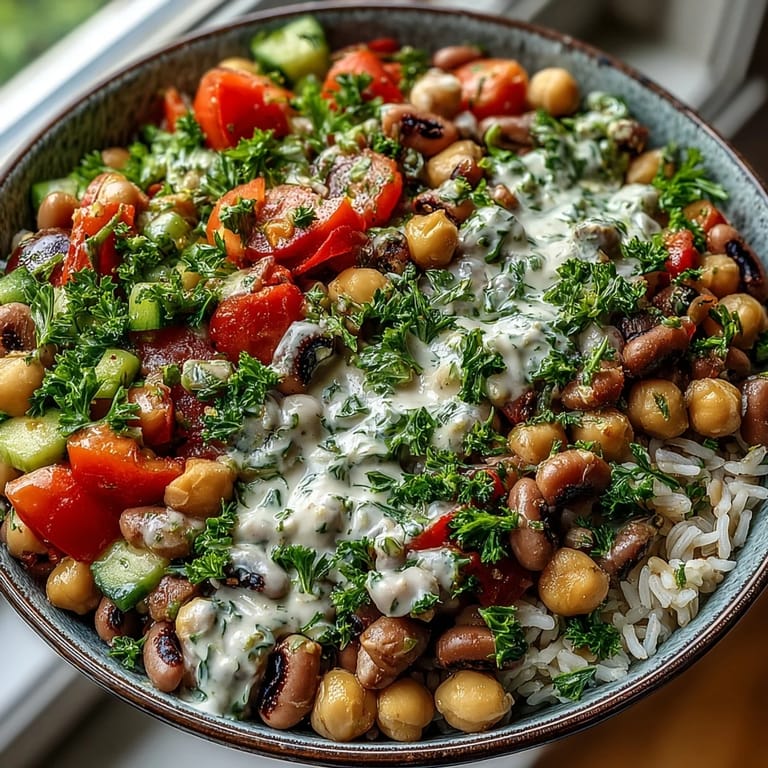 Topped with halved cherry tomatoes and fresh parsley, the colorful New Years Hoppin John Salad sits ready to eat.