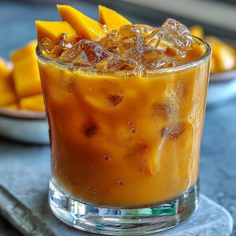 Summer refreshment: sweet Mango Iced Tea served over ice with mint and lime wedge.