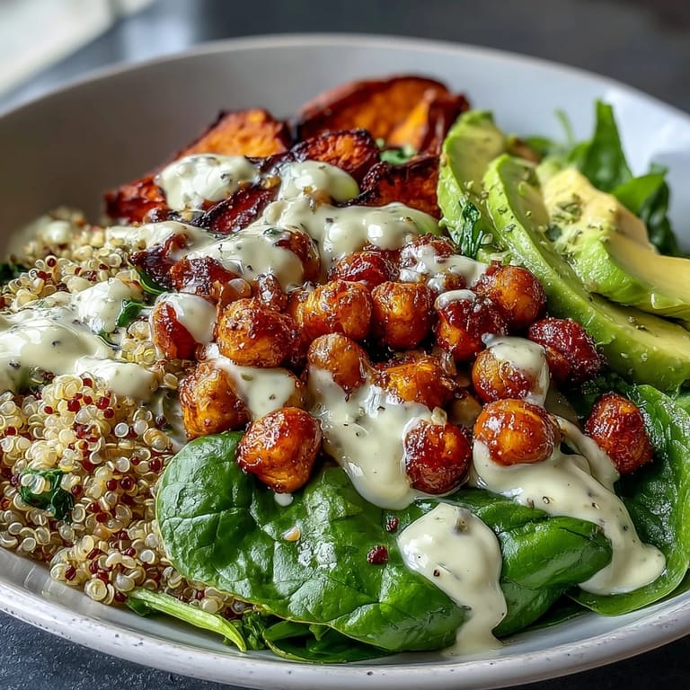 Vibrant Anti-Inflammatory Glow Bowl served warm with spinach, avocado, and turmeric-spiced chickpeas, topped with a rich tahini yogurt drizzle for a nourishing meal.